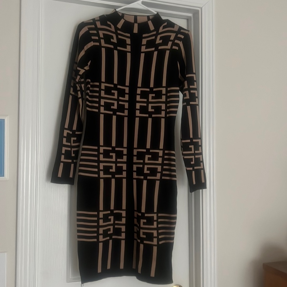 Geo black and camel fitted dress